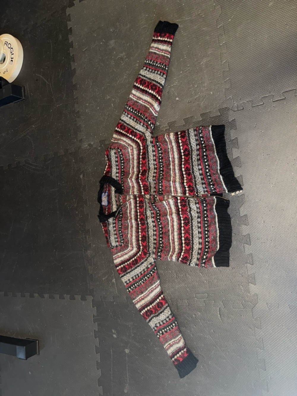 Striped Fair Isle Button-Up Cardigan in Red, Black, and Gray